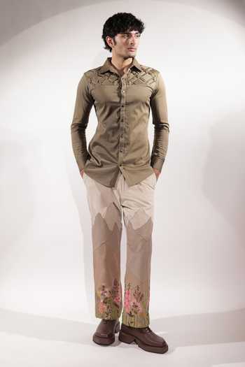 Jubinav Chadha_Olive Green Cotton, Lycra Criss-cross Woven Yoke Shirt _Online_at_Aza_Fashions