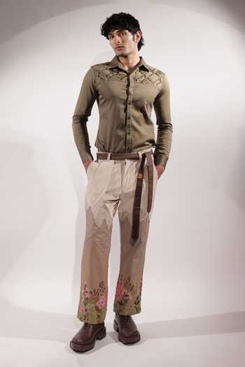 Shop_Jubinav Chadha_Olive Green Cotton, Lycra Criss-cross Woven Yoke Shirt _Online_at_Aza_Fashions