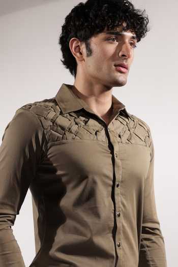 Jubinav Chadha_Olive Green Cotton, Lycra Criss-cross Woven Yoke Shirt _at_Aza_Fashions