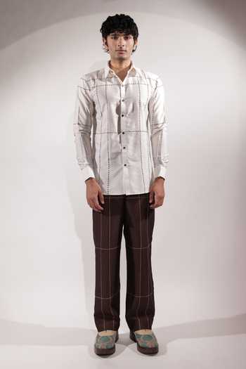 Jubinav Chadha_White Silk, Cotton Kantha Grid Embroidered Shirt _Online_at_Aza_Fashions