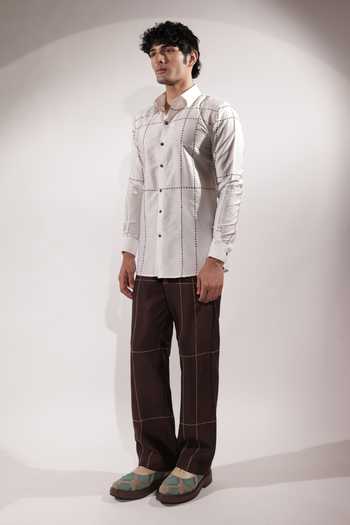 Buy_Jubinav Chadha_White Silk, Cotton Kantha Grid Embroidered Shirt _Online_at_Aza_Fashions