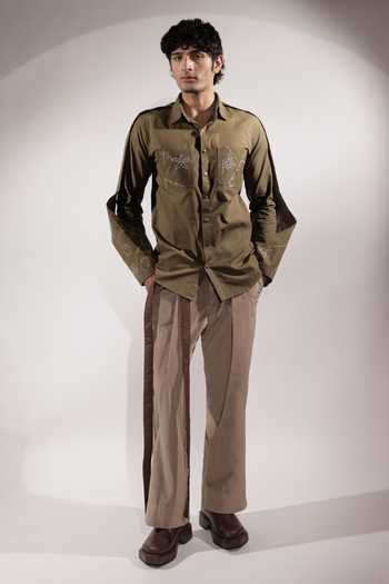Buy_Jubinav Chadha_Olive Green Linen Handwritten Kantha Shirt _Online_at_Aza_Fashions