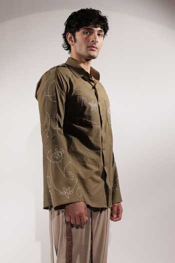 Shop_Jubinav Chadha_Olive Green Linen Handwritten Kantha Shirt _Online_at_Aza_Fashions