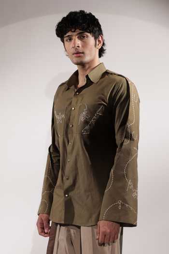 Jubinav Chadha_Olive Green Linen Handwritten Kantha Shirt _at_Aza_Fashions