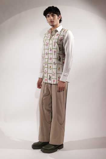 Jubinav Chadha_White Silk, Cotton Floral Stamp Embroidered Shirt _Online_at_Aza_Fashions