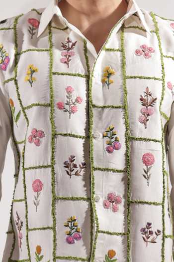 Buy_Jubinav Chadha_White Silk, Cotton Floral Stamp Embroidered Shirt _Online_at_Aza_Fashions