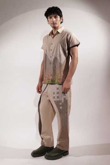Jubinav Chadha_Beige Linen Mountain Patchwork Shirt _Online_at_Aza_Fashions