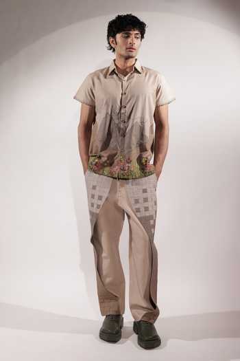 Buy_Jubinav Chadha_Beige Linen Mountain Patchwork Shirt _Online_at_Aza_Fashions