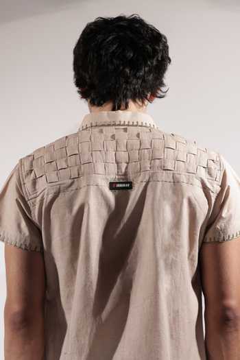 Shop_Jubinav Chadha_Beige Linen Mountain Patchwork Shirt _Online_at_Aza_Fashions