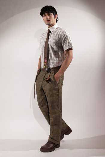 Jubinav Chadha_White Silk, Cotton Kantha Grid Embroidered Shirt _Online_at_Aza_Fashions