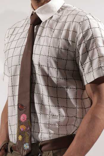 Jubinav Chadha_White Silk, Cotton Kantha Grid Embroidered Shirt _at_Aza_Fashions