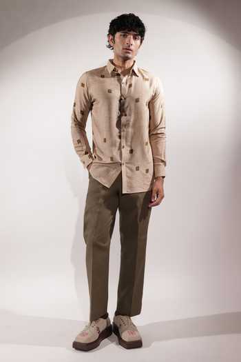 Jubinav Chadha_Beige Silk, Cotton Postcard Print Shirt _Online_at_Aza_Fashions
