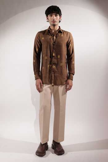 Buy_Jubinav Chadha_Brown Silk, Cotton Postcard Print Shirt _Online_at_Aza_Fashions