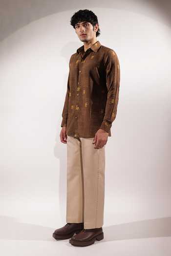 Shop_Jubinav Chadha_Brown Silk, Cotton Postcard Print Shirt _Online_at_Aza_Fashions