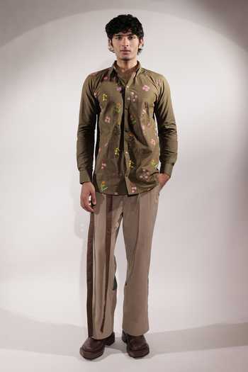 Jubinav Chadha_Olive Green Linen Floral Embroidered Shirt _Online_at_Aza_Fashions