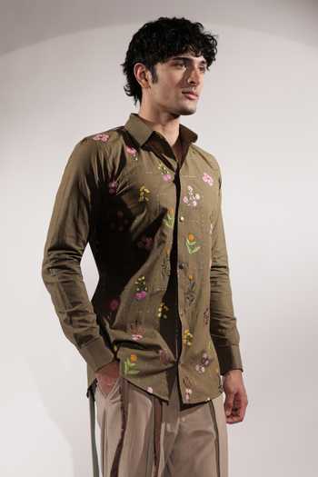 Buy_Jubinav Chadha_Olive Green Linen Floral Embroidered Shirt _Online_at_Aza_Fashions
