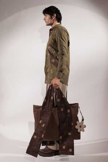 Shop_Jubinav Chadha_Olive Green Linen Floral Embroidered Shirt _Online_at_Aza_Fashions