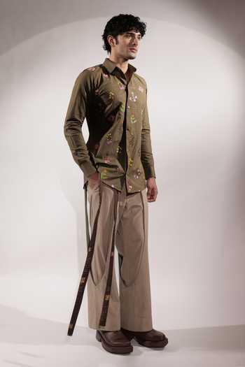 Jubinav Chadha_Olive Green Linen Floral Embroidered Shirt _at_Aza_Fashions