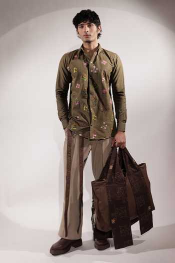 Buy_Jubinav Chadha_Olive Green Linen Floral Embroidered Shirt 