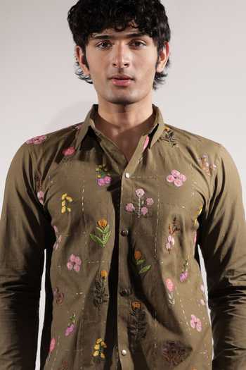 Shop_Jubinav Chadha_Olive Green Linen Floral Embroidered Shirt 