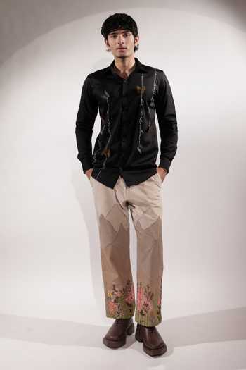 Buy_Jubinav Chadha_Black Cotton, Lycra 3d Butterflies And Kantha Embroidered Shirt _Online_at_Aza_Fashions