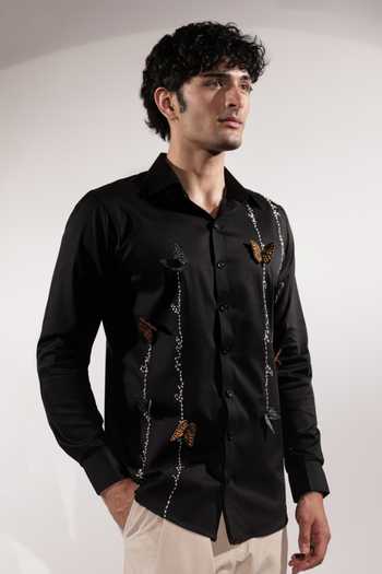 Shop_Jubinav Chadha_Black Cotton, Lycra 3d Butterflies And Kantha Embroidered Shirt _Online_at_Aza_Fashions