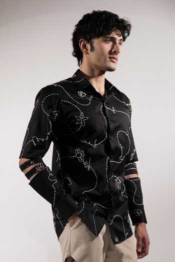Jubinav Chadha_Black Cotton, Lycra Kantha And Levitating Detailed Sleeve Shirt _Online_at_Aza_Fashions