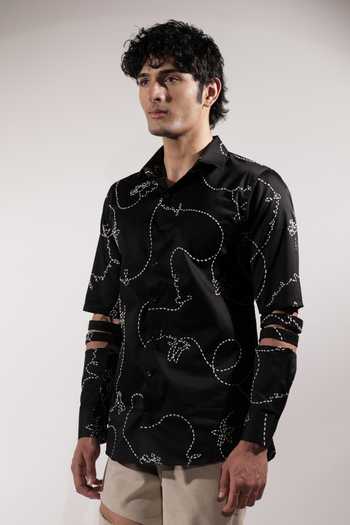 Buy_Jubinav Chadha_Black Cotton, Lycra Kantha And Levitating Detailed Sleeve Shirt _Online_at_Aza_Fashions