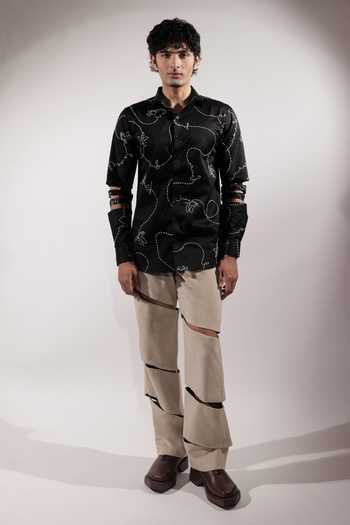Shop_Jubinav Chadha_Black Cotton, Lycra Kantha And Levitating Detailed Sleeve Shirt _Online_at_Aza_Fashions