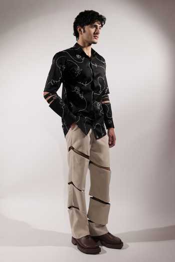 Jubinav Chadha_Black Cotton, Lycra Kantha And Levitating Detailed Sleeve Shirt _at_Aza_Fashions