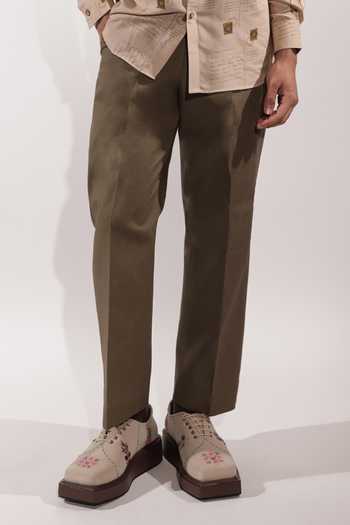 Jubinav Chadha_Olive Green Linen Kantha Embroidered Pant _Online_at_Aza_Fashions