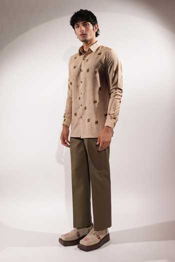 Buy_Jubinav Chadha_Olive Green Linen Kantha Embroidered Pant _Online_at_Aza_Fashions