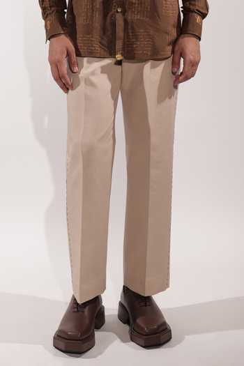Jubinav Chadha_Beige Linen Kantha Embroidered Pant _Online_at_Aza_Fashions