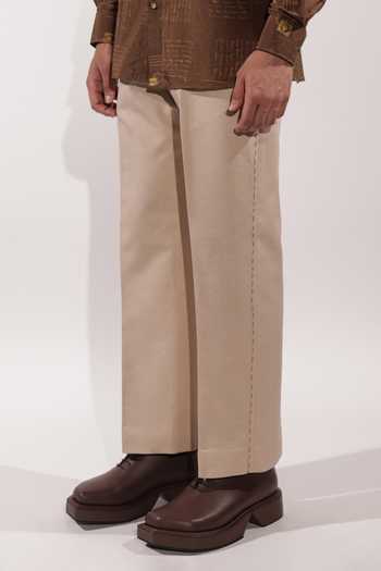 Buy_Jubinav Chadha_Beige Linen Kantha Embroidered Pant _Online_at_Aza_Fashions