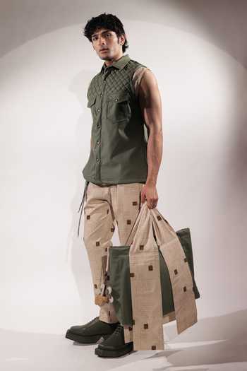 Jubinav Chadha_Beige Crepe Postcard Print Pant _Online_at_Aza_Fashions