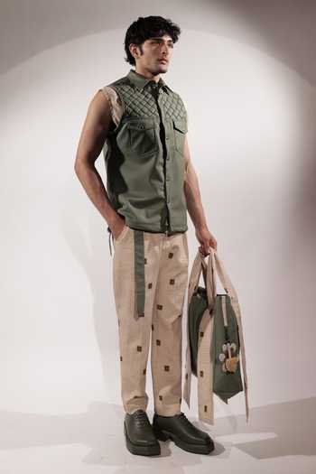 Buy_Jubinav Chadha_Beige Crepe Postcard Print Pant _Online_at_Aza_Fashions