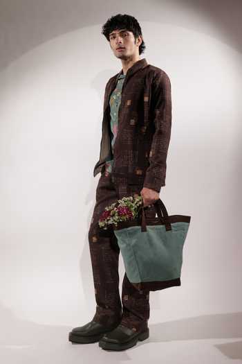 Jubinav Chadha_Brown Crepe Postcard Pattern Print Pant _Online_at_Aza_Fashions