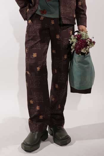 Buy_Jubinav Chadha_Brown Crepe Postcard Pattern Print Pant _Online_at_Aza_Fashions