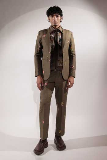 Jubinav Chadha_Olive Green Linen Floral Embroidered Pant _Online_at_Aza_Fashions