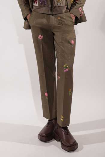 Buy_Jubinav Chadha_Olive Green Linen Floral Embroidered Pant _Online_at_Aza_Fashions