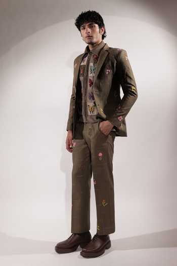 Shop_Jubinav Chadha_Olive Green Linen Floral Embroidered Pant _Online_at_Aza_Fashions