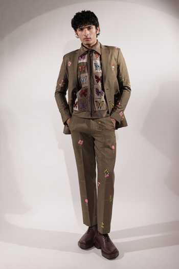 Jubinav Chadha_Olive Green Linen Floral Embroidered Pant _at_Aza_Fashions