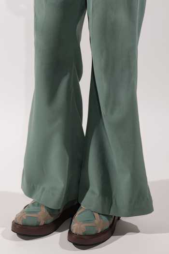 Jubinav Chadha_Green Suede Bootcut Pant _Online_at_Aza_Fashions