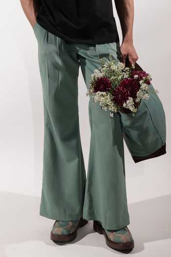 Buy_Jubinav Chadha_Green Suede Bootcut Pant _Online_at_Aza_Fashions