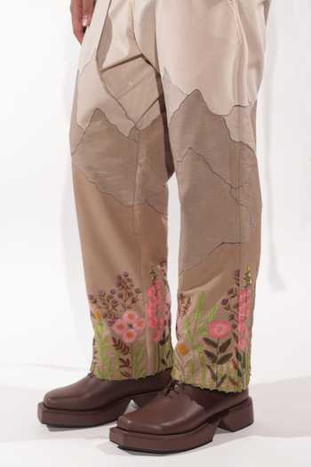 Jubinav Chadha_Beige Linen, Suede Mountain Patchwork Pant _Online_at_Aza_Fashions