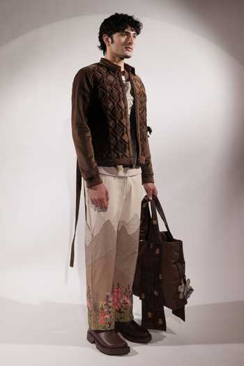 Buy_Jubinav Chadha_Beige Linen, Suede Mountain Patchwork Pant _Online_at_Aza_Fashions