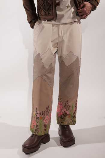 Shop_Jubinav Chadha_Beige Linen, Suede Mountain Patchwork Pant _Online_at_Aza_Fashions