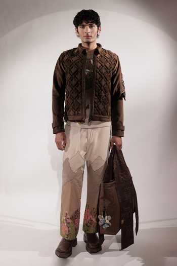 Jubinav Chadha_Beige Linen, Suede Mountain Patchwork Pant _at_Aza_Fashions
