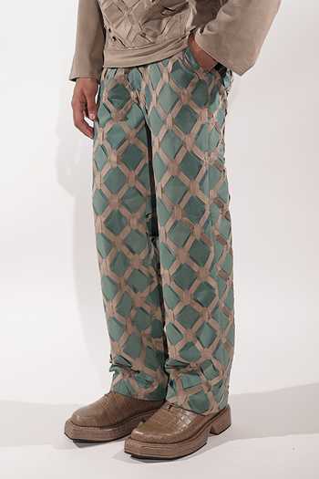 Jubinav Chadha_Green Suede Interwoven And Beige Pant _at_Aza_Fashions