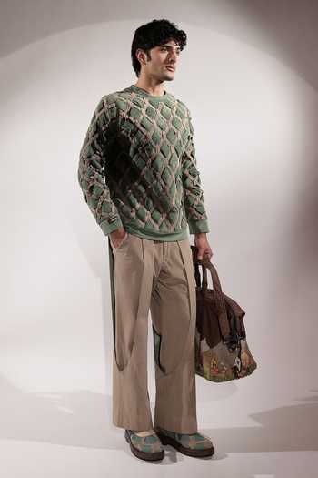 Shop_Jubinav Chadha_Beige Suede Paneled Pant _Online_at_Aza_Fashions